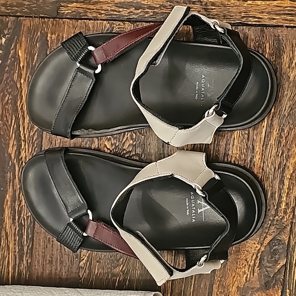Aquatalia Black, Cream & Burgundy Leather Sport Sandals
